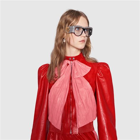 gucci womens red leather bow jacket|Gucci original leather jacket.